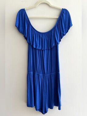 maitai Stretchy Off the Shoulder Ruffle Romper, Casual Summer,Royal Blue, Medium